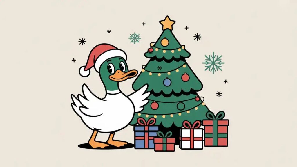 A festive duck wearing a Santa hat, surrounded by snowflakes and Christmas decorations.