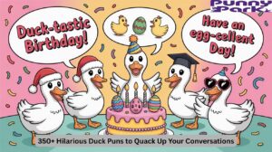 Cute cartoon ducks dressed for Christmas, Easter, graduation, and Instagram captions with pun phrases in speech bubbles, perfect for a duck pun humor article.
