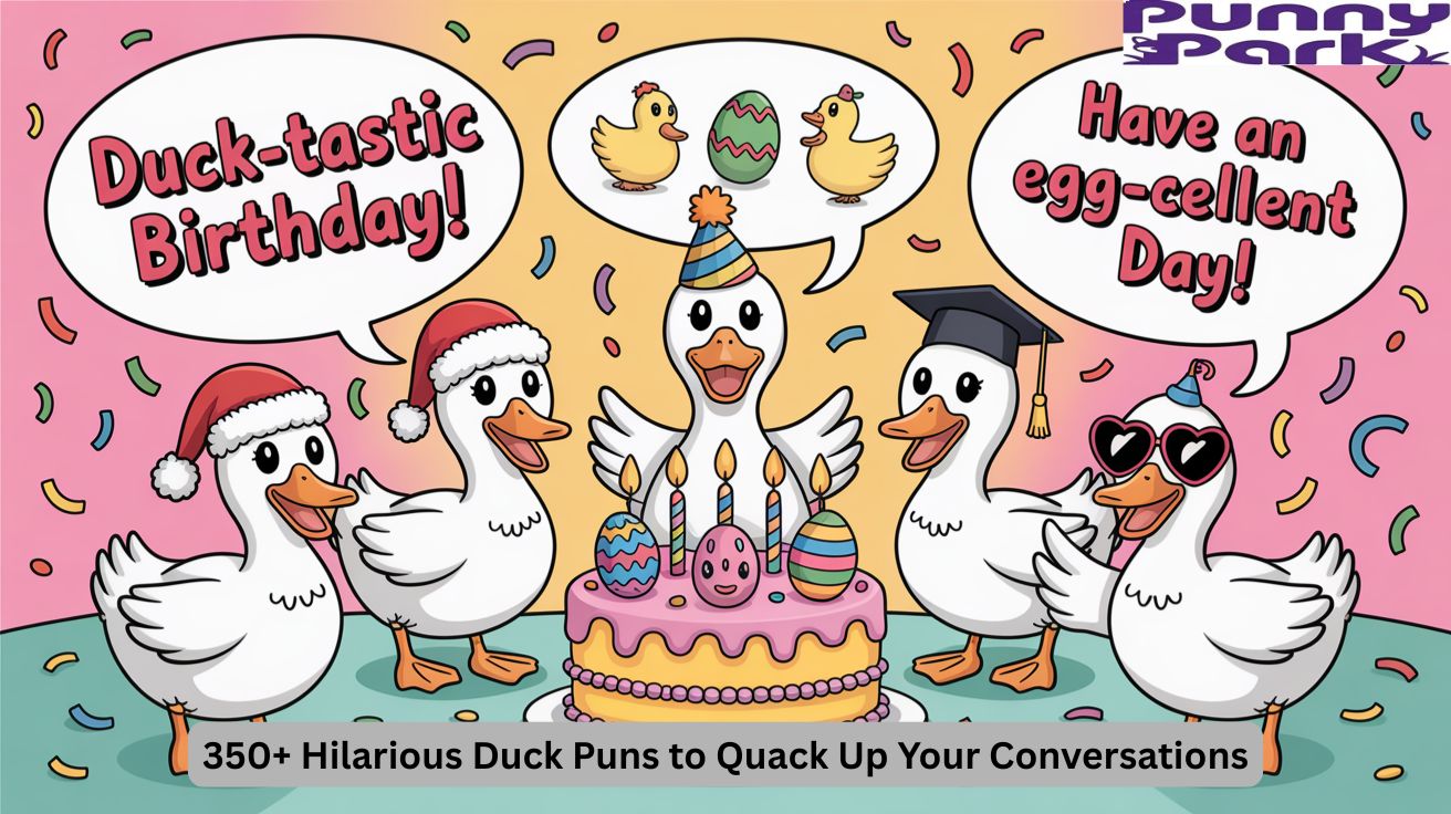 Cute cartoon ducks dressed for Christmas, Easter, graduation, and Instagram captions with pun phrases in speech bubbles, perfect for a duck pun humor article.