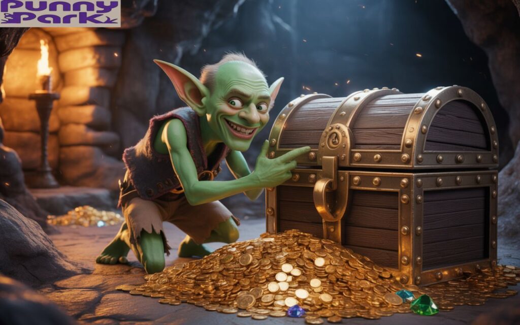 A goblin hoarding piles of gold and jewels in a cave.