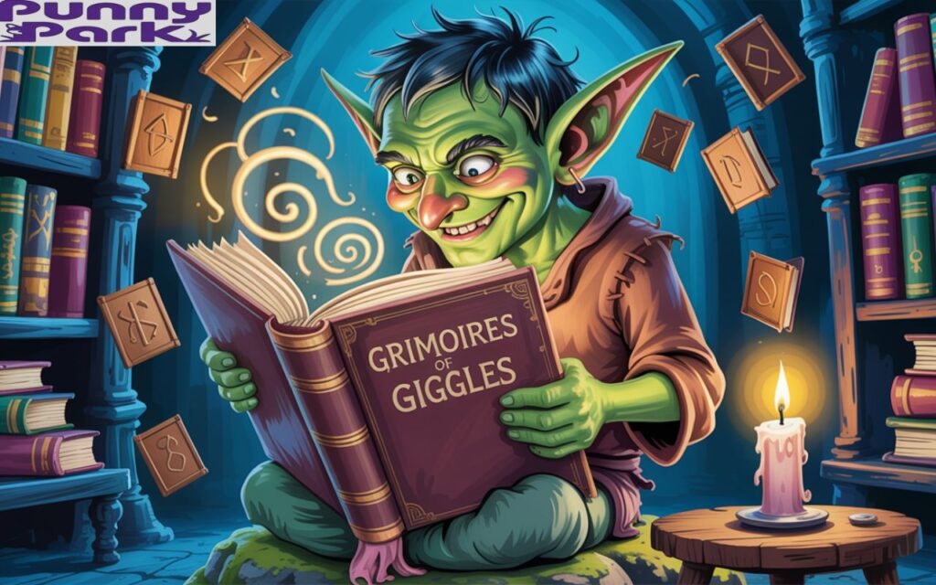 A curious goblin reading a giant magical book filled, laughing under candlelight.