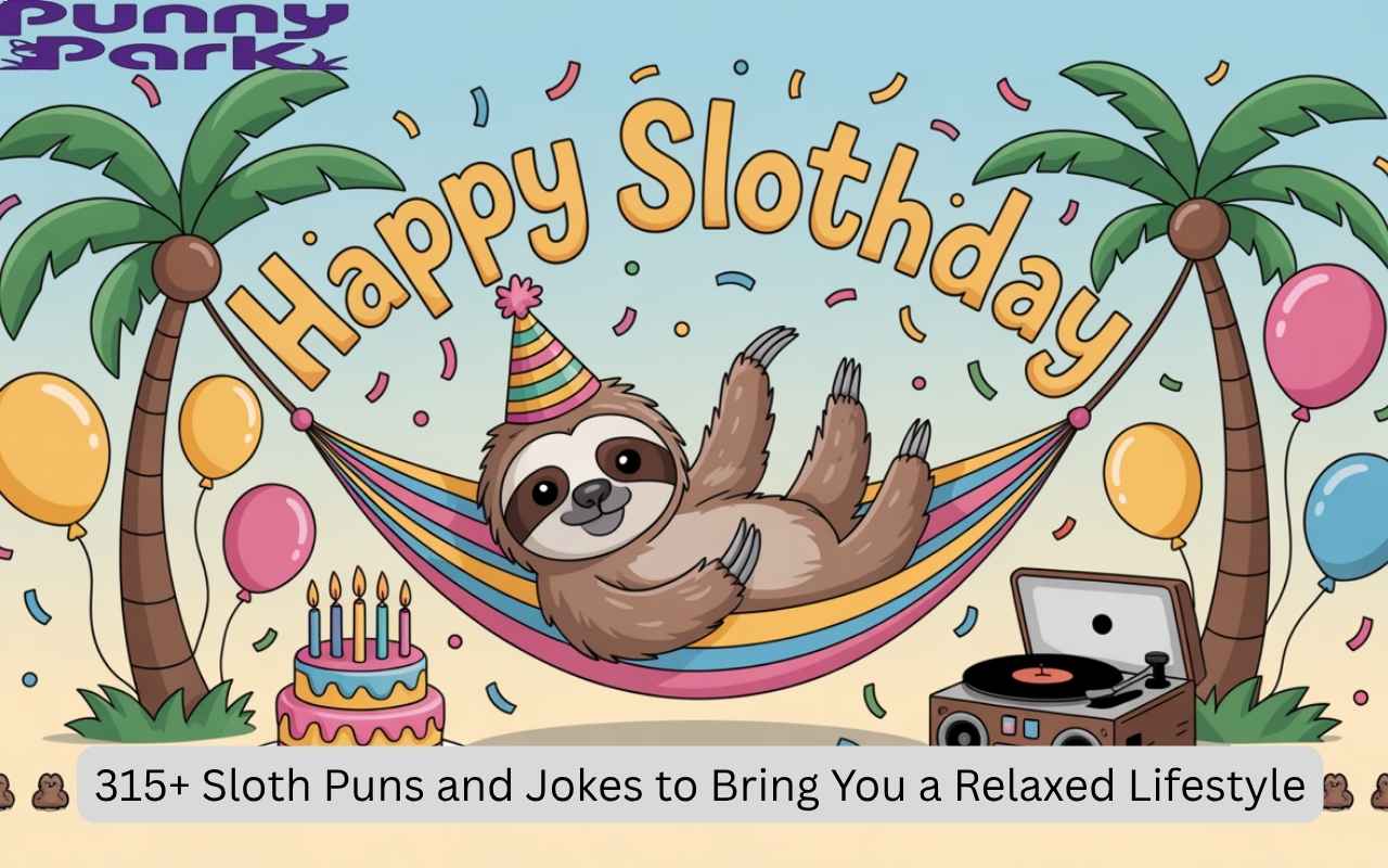 A cute cartoon sloth wearing a party hat, lounging in a hammock with birthday balloons, cake, and slow jam music playing in the background.