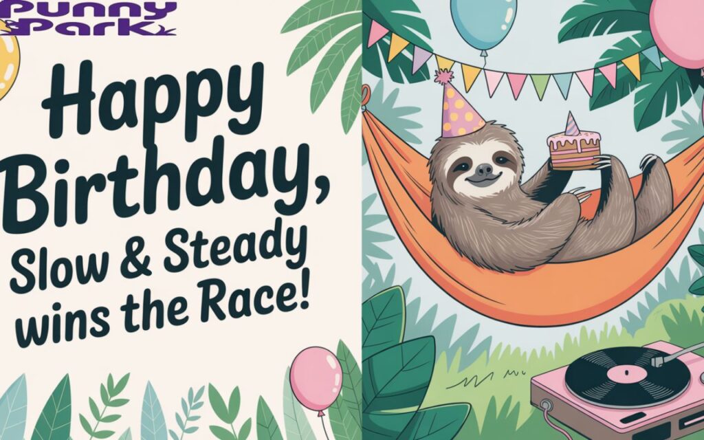 A cute cartoon sloth wearing a party hat, lounging in a hammock with birthday balloons, cake, and slow jam music playing in the background.