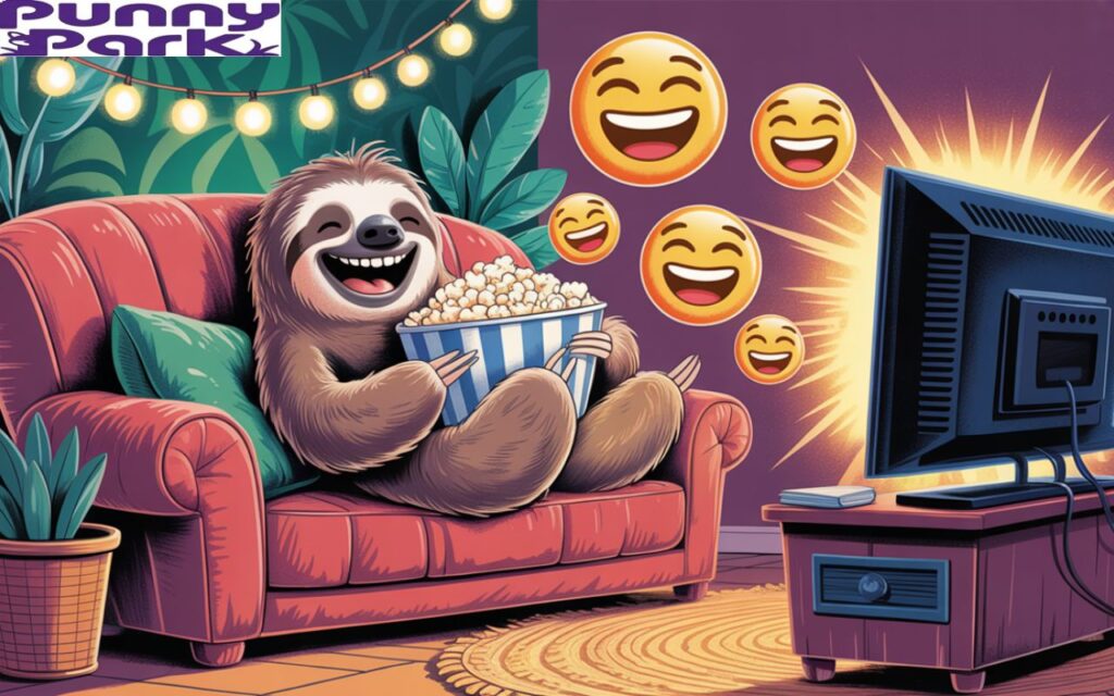 A cheerful sloth lying on a couch with popcorn, laughing at a comedy show, surrounded by floating laughing emojis.
