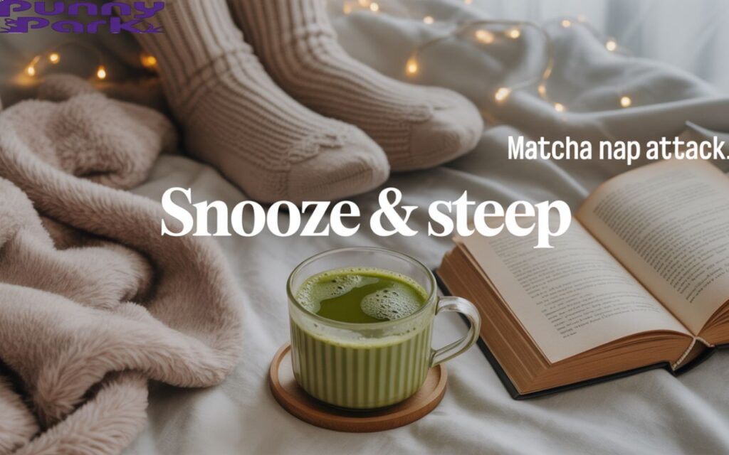 A cozy indoor setting with a soft blanket, fuzzy socks, and a matcha cup by a book. Text overlays like “Snooze & Steep” and “Matcha nap attack.” Soft lighting, hygge style.
