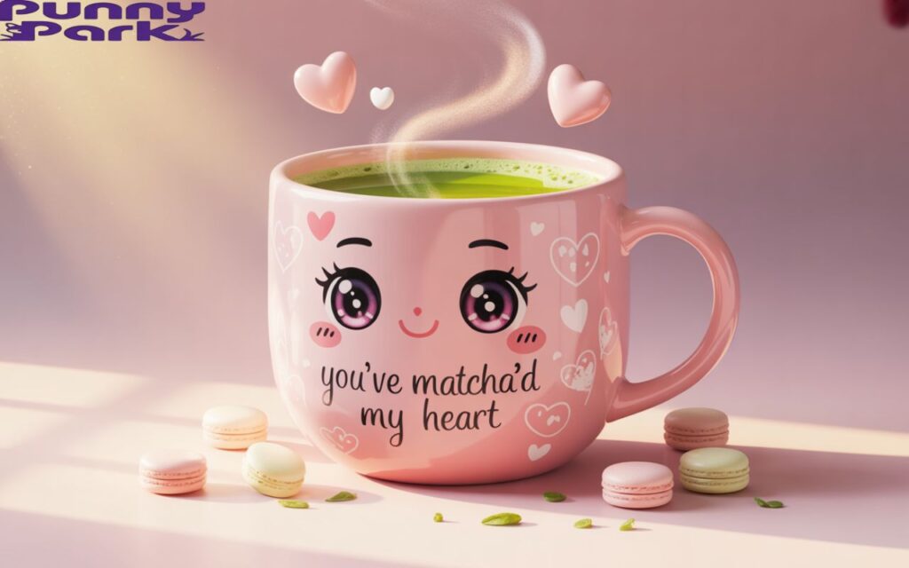 Cute anime style matcha mug with rosy cheeks, surrounded by pastel hearts and sweet doodles like “You’ve matcha’d my heart.” Soft, cozy, romantic tones.
