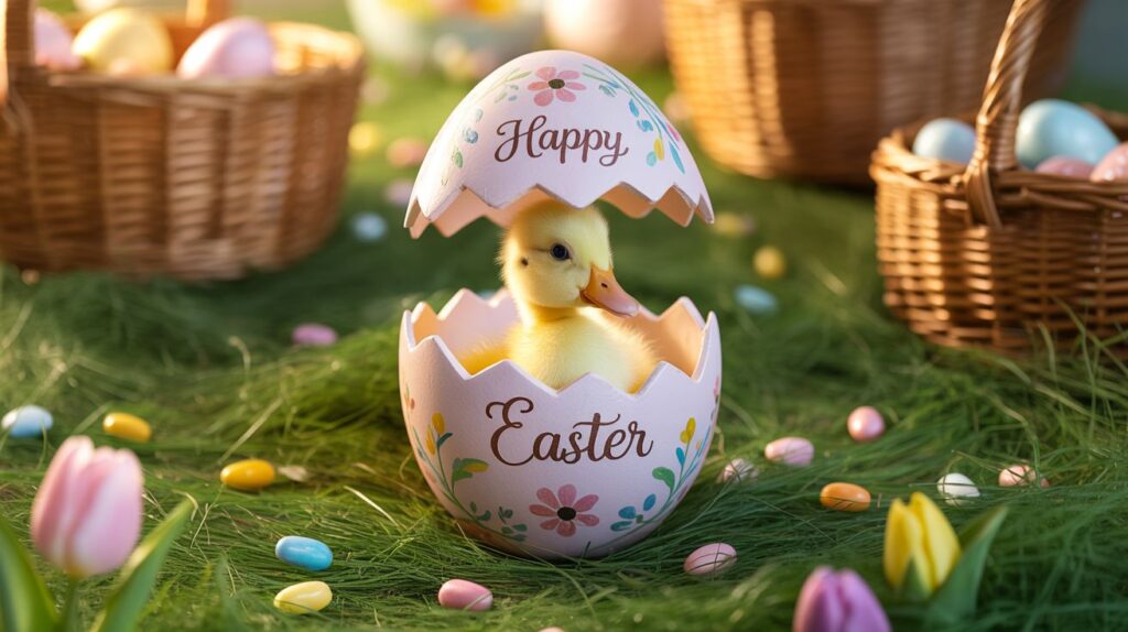 A cute duckling popping out of a decorated Easter egg, surrounded by pastel eggs and spring flowers.