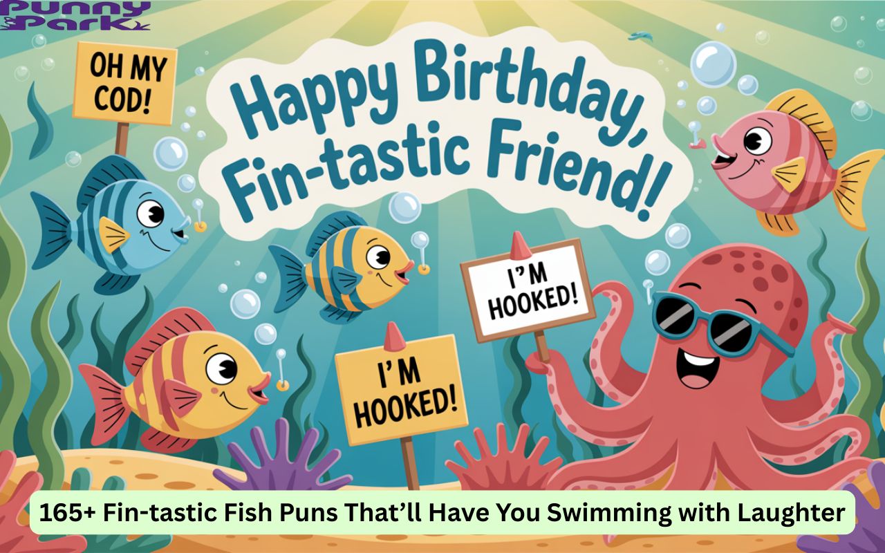 Cartoon fish underwater laughing and holding pun signs like "Oh my cod" and "I’m hooked", with coral reefs and a smiling octopus in sunglasses.