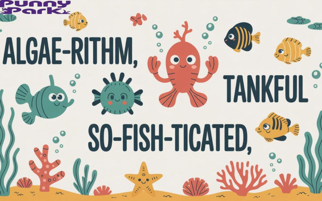 Minimalist underwater illustration featuring cute sea creatures like jellyfish, crabs, and starfish alongside short pun words such as “Algae-rithm,” “Tankful,” and “So-fish-ticated,” scattered among colorful corals and sea stars in a calm aquatic setting.