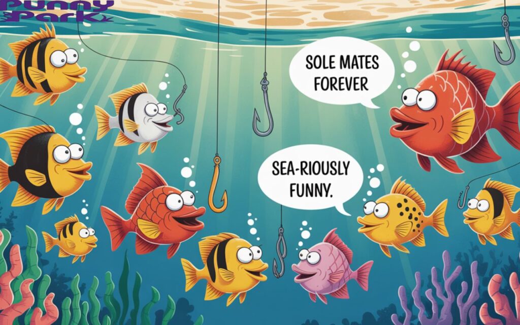 Cheeky cartoon fish holding up one liner pun signs like “soul mates forever” and “sea-riously funny” with hooks nearby.