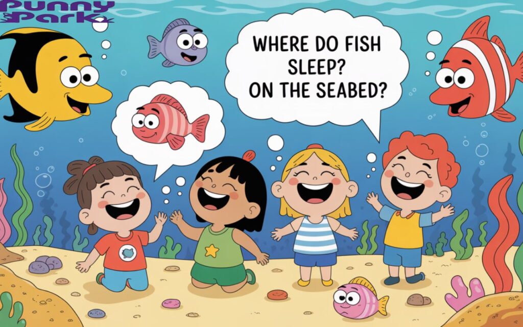 Colorful underwater cartoon scene with sea creatures and kids laughing together. Speech bubbles feature kid friendly jokes like “Where do fish sleep? On the seabed.”