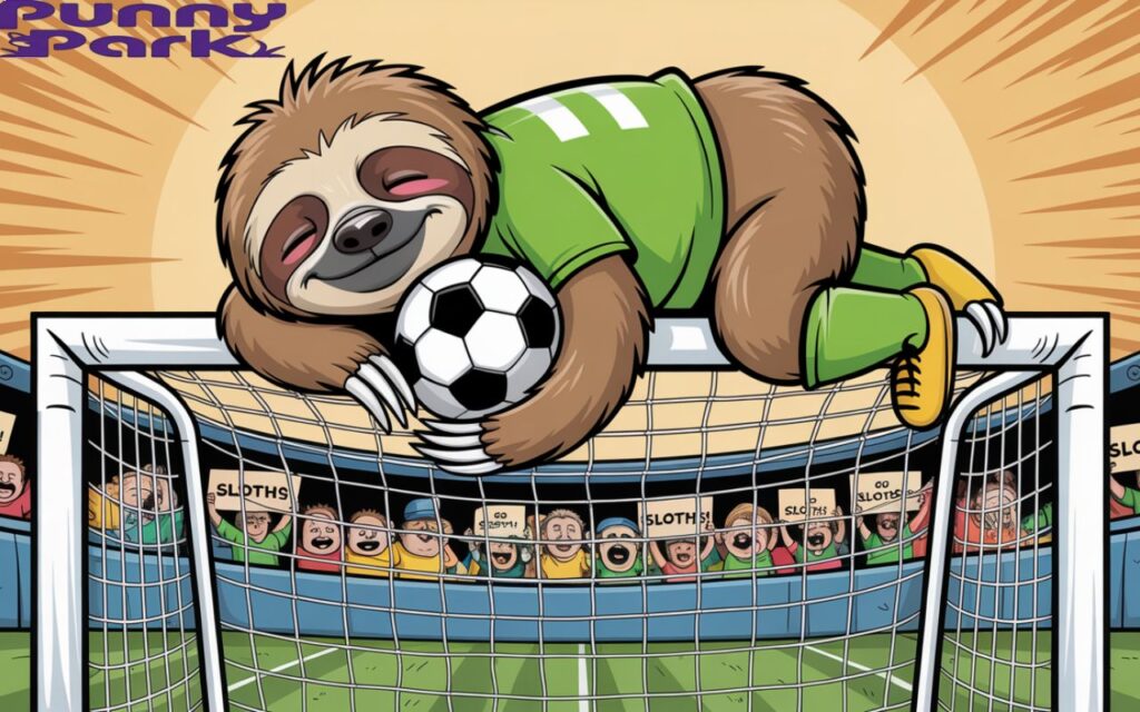 A sloth in a soccer jersey sleeping on the goalpost while holding a soccer ball with fans snoring in the stands.