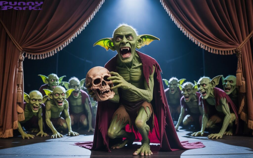 A theatrical goblin on stage with a spotlight, wearing a cape, holding a skull, and yelling dramatically as other goblins are watching from behind while laughing.