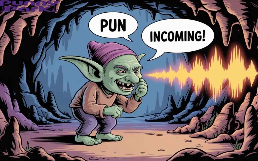 A goblin sniffing the air, with speech bubbles showing “Pun incoming!” and glowing sound waves of laughter bouncing off cave walls.