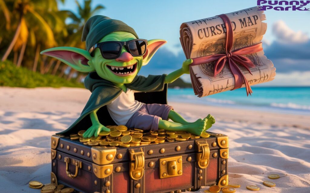 A creature on a tropical island with a cursed map, wearing sunglasses and a cloak, sitting on luggage and scattered gold coins.