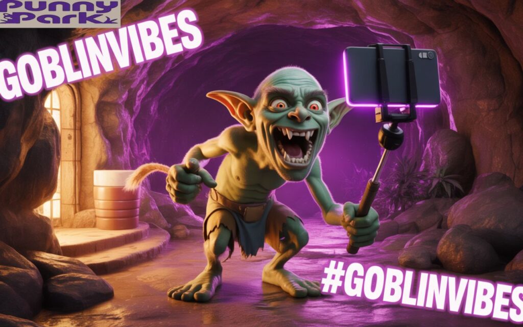 Goblin holding a selfie stick in a cave with hashtags like #GoblinVibes floating around.