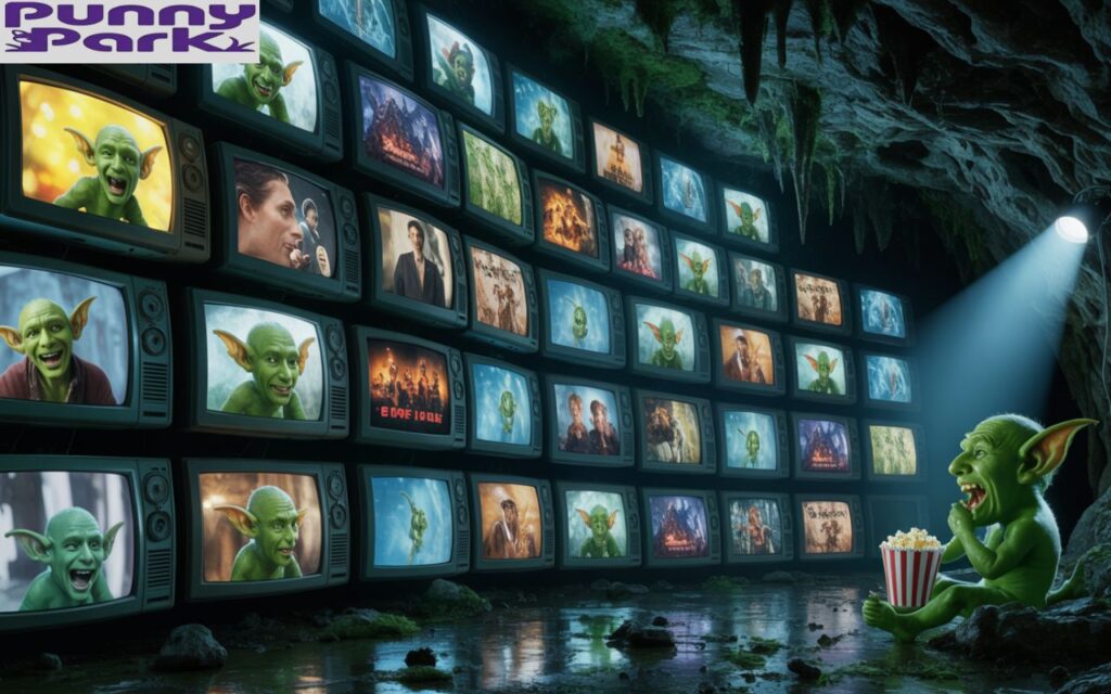 TV screens and movie posters in a dark cave showing action scenes, sitcoms, and fantasy films. A creature is munching popcorn.