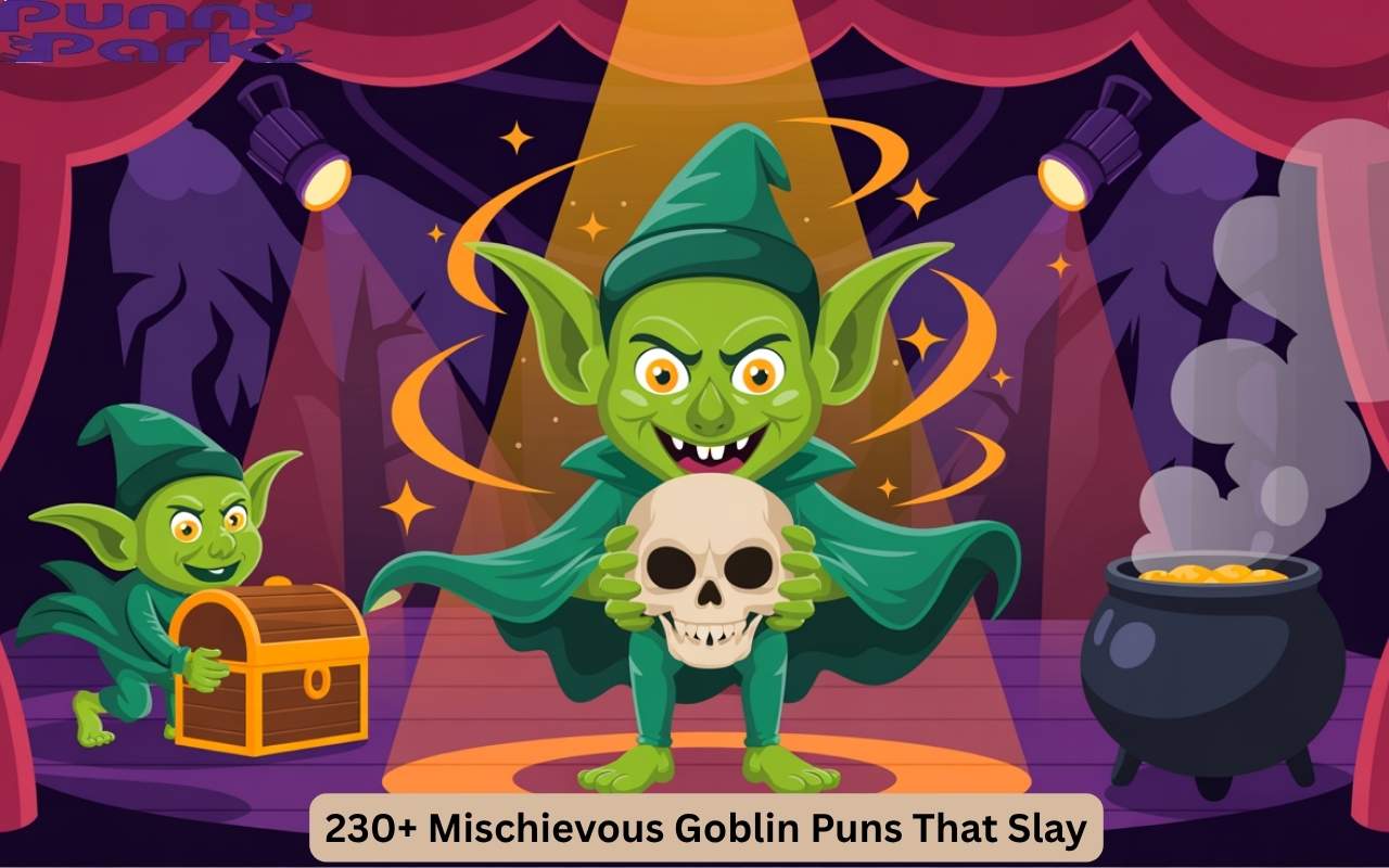 A mischievous cartoon goblin on stage wearing a cape, holding a skull, with magical sparkles around. Another goblin is sneaking out with a treasure chest. Include dramatic theater lights, a moody forest themed backdrop, and a hint of chaos.