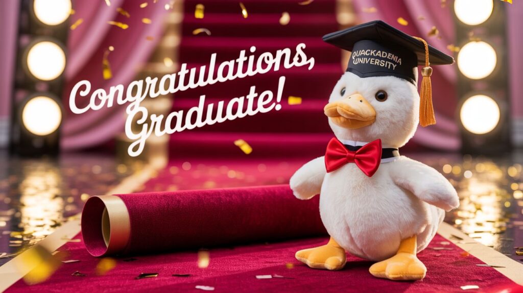 A confident duck in a graduation cap and tuxedo, standing on a red carpet with lights.