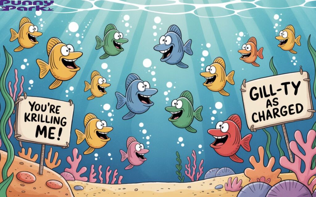 Group of silly cartoon sea creatures underwater snorting bubbles while laughing, with pun signs like “gill-ty as charged” and “You’re krilling me.”
