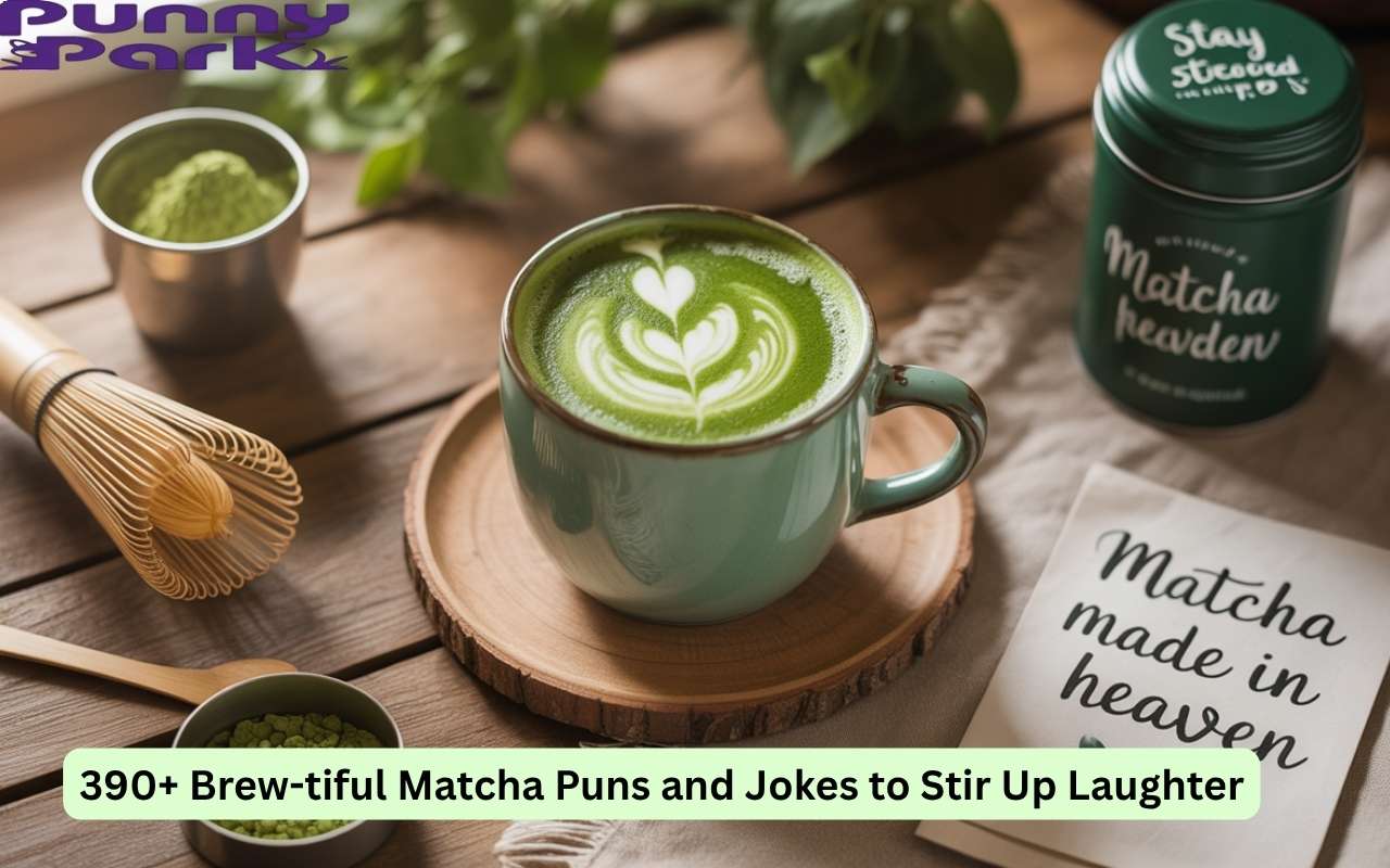 A cozy ceramic mug of frothy green matcha latte on a wooden table with playful doodles and pun words like "stay steeped" in the background.