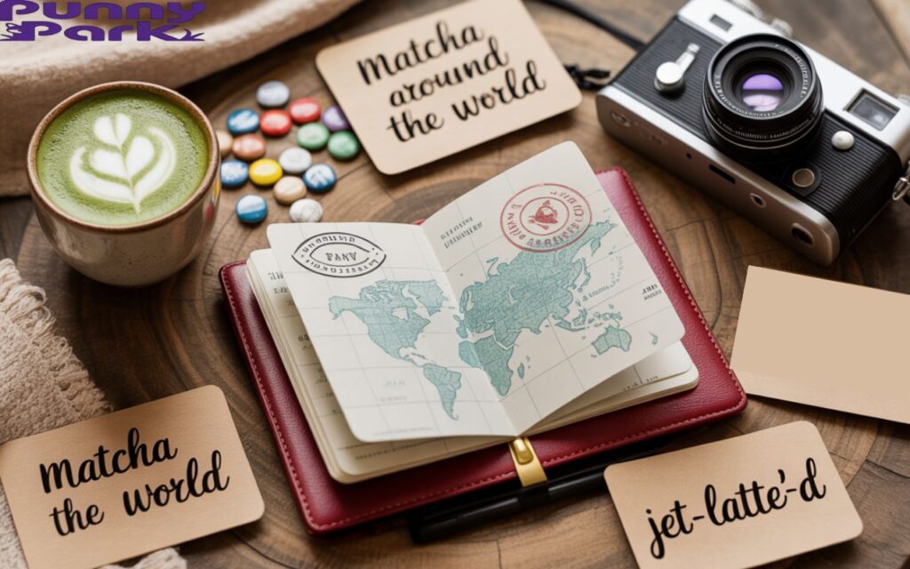 Travel themed flat lay with passport, map pins, camera, and pun notes.