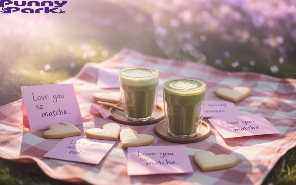 A dreamy picnic for two with hearts in the foam and romantic pun notes.