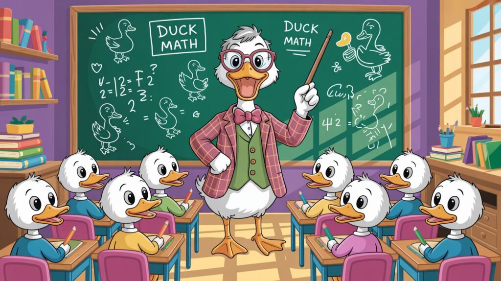 Cartoon duck teacher wearing glasses at a chalkboard with duckling students.