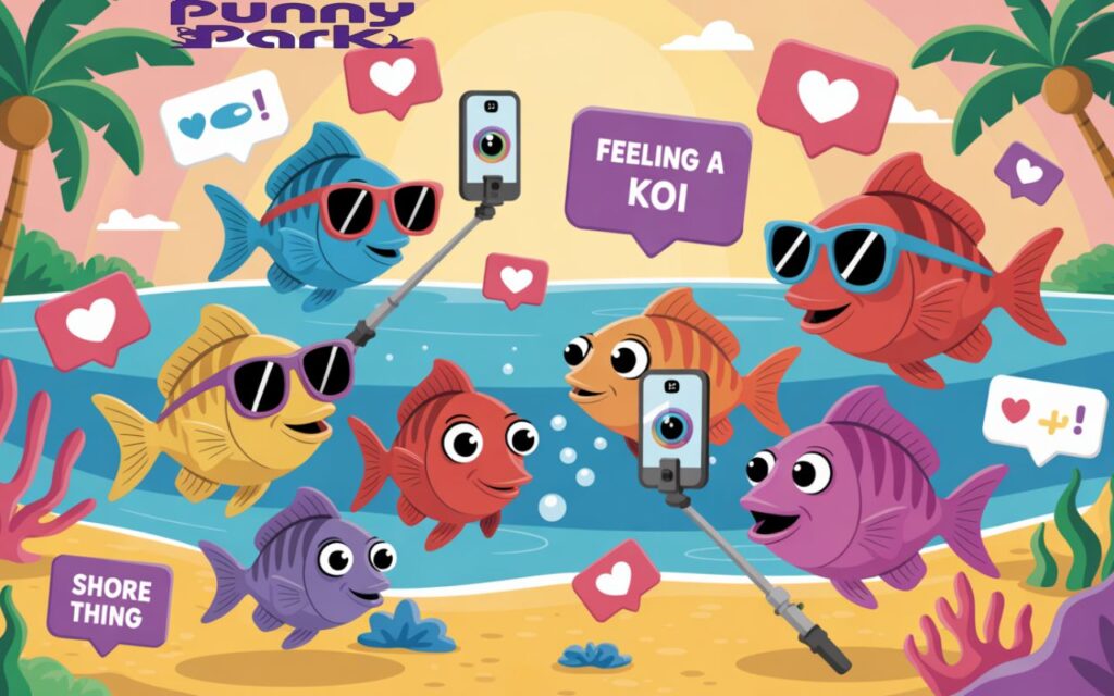 A colorful cartoon shoreline scene where underwater creatures pose at the beach taking selfies with phones. Some wear sunglasses, others pose near coral "ring lights." Floating Instagram icons like hearts, hashtags, and comment bubbles fill the air. A selfie stick is raised by one of them. In the background, a tropical beach with palm trees and pun signs like “Feeling a bit koi” and “Shore thing.”