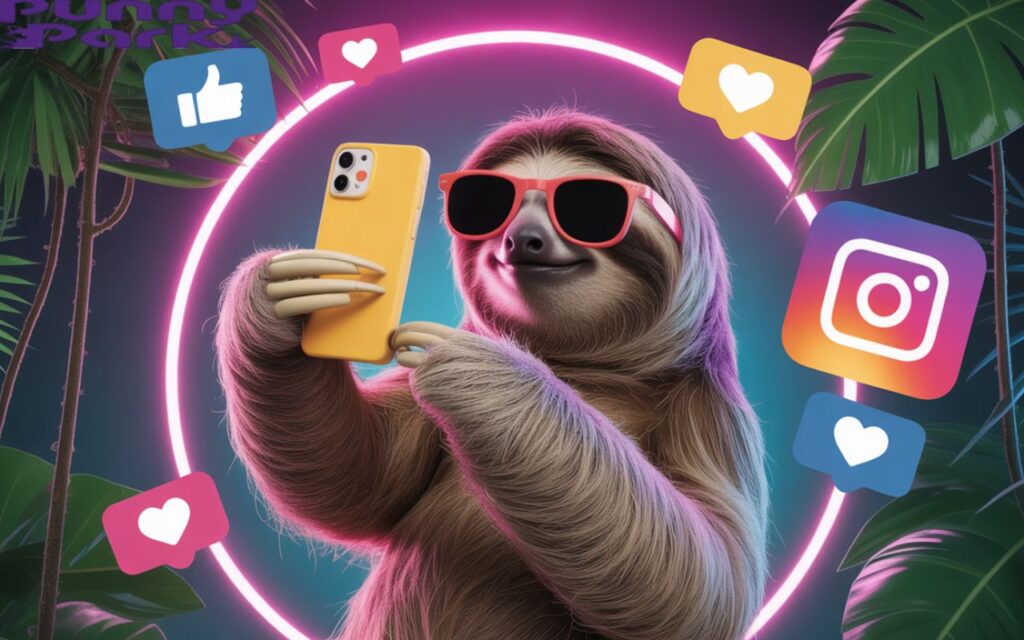 A sloth taking a selfie with sunglasses on, holding a phone, with Instagram-style icons floating around.