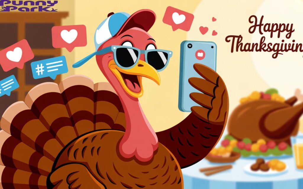 Trendy cartoon turkey taking a selfie with a smartphone, social media icons floating around (hearts, hashtags, chat bubbles), with a dinner table in the background.