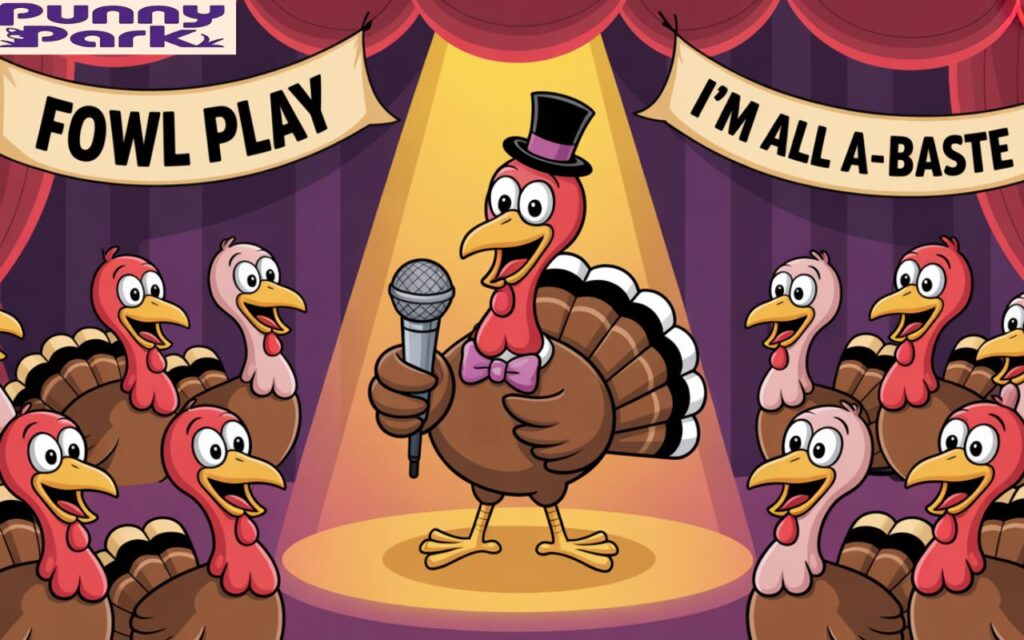 A cute cartoon character doing stand up comedy on stage with a tiny microphone, spotlight overhead, and feathered audience laughing. Background includes Thanksgiving decor and pun signs like “Fowl Play” and “I’m All A-Baste.”