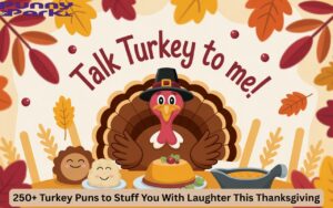 A cute cartoon style Thanksgiving scene featuring a smiling turkey wearing a pilgrim hat, sitting at a festive dinner table with animated food characters like mashed potatoes, pumpkin pie, and a gravy boat. The background has autumn leaves and warm fall colors. The turkey has a cheeky speech bubble saying “Talk turkey to me”