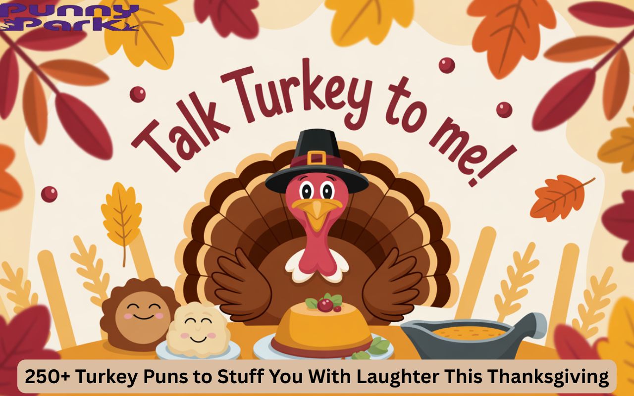 A cute cartoon style Thanksgiving scene featuring a smiling turkey wearing a pilgrim hat, sitting at a festive dinner table with animated food characters like mashed potatoes, pumpkin pie, and a gravy boat. The background has autumn leaves and warm fall colors. The turkey has a cheeky speech bubble saying “Talk turkey to me”