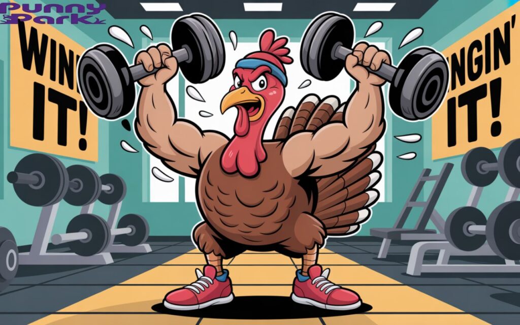 Cartoon fitness turkey working out in a gym setting, lifting giant drumsticks as weights, wearing sneakers and a headband. Motivational posters in the back say “Wingin’ It!”