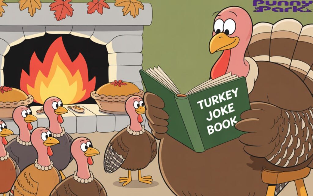 A vintage-style cartoon scene with an elderly turkey reading a “Turkey Joke Book” to a group of younger turkeys around a cozy fireplace with autumn leaves and pies.