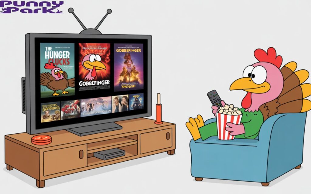 Cute cartoon wearing pajamas, sitting on a couch, holding popcorn and remote, watching a flat-screen TV with funny movie posters like “The Hunger Clucks” and “Gobblefinger.”