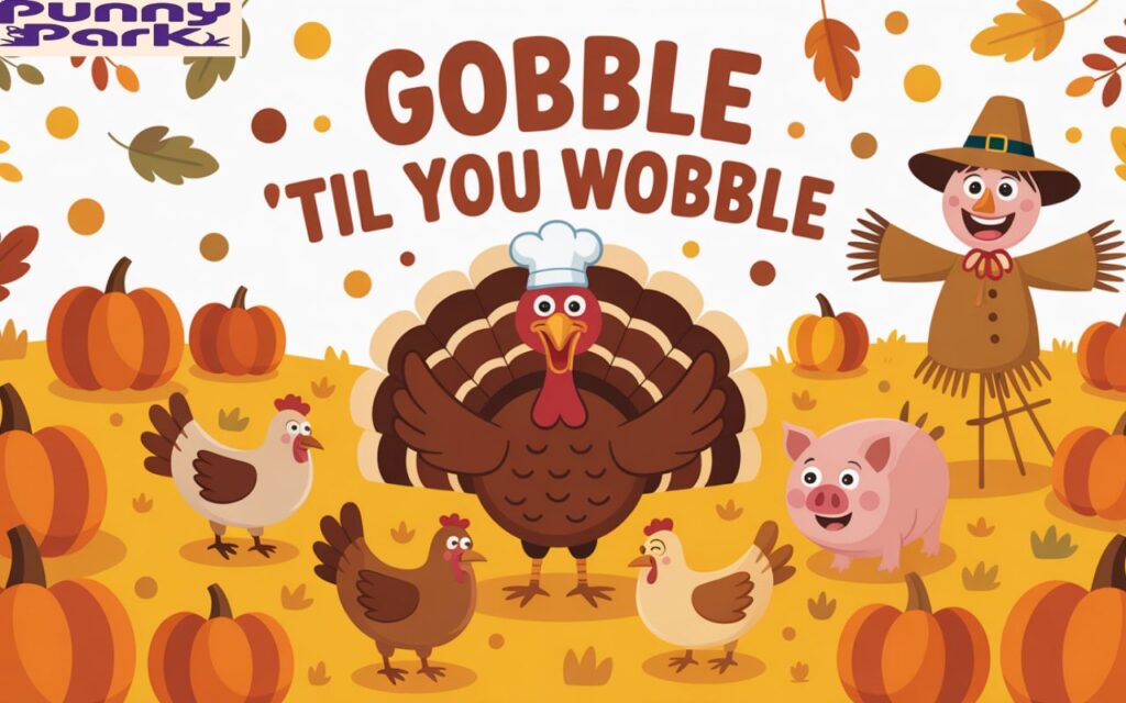 A smiling cartoon turkey surrounded by laughing animals like chickens and pigs, holding a funny pun sign in a sunny fall field with pumpkins.