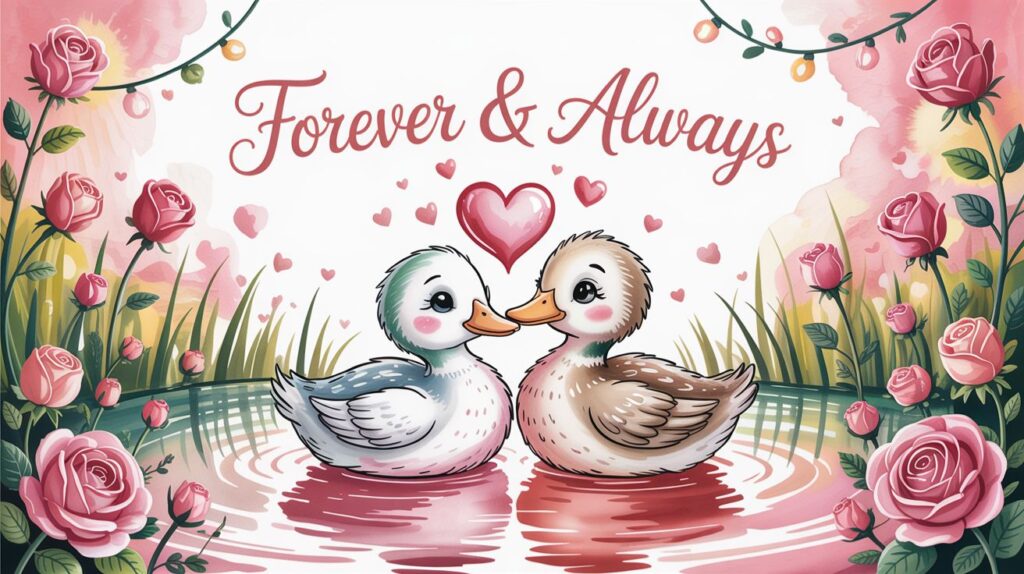 Two adorable ducks facing each other with hearts floating above them on a pond.