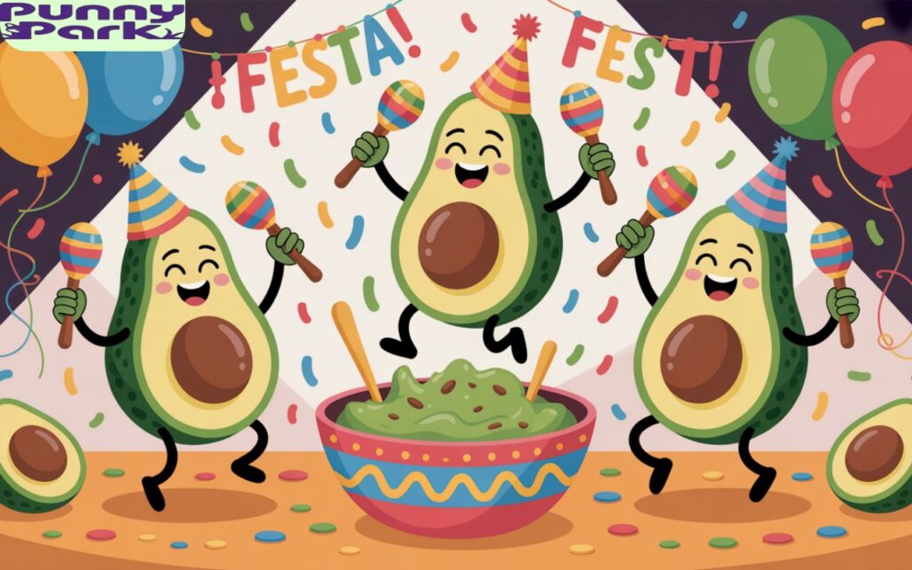 Three avocados, each wearing a colorful party hat and holding maracas, are joyfully dancing around a bowl of guacamole in the center of the scene. Brightly colored balloons float in the background, with confetti raining down on the dancing avocados.