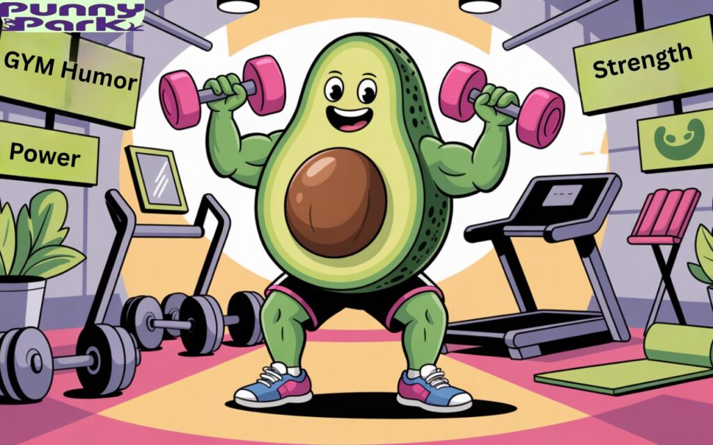 A sporty avocado working out at a gym. The avocado, wearing an athletic shorts, is mid lift with bright pink dumbbells, showcasing impressive muscle definition.