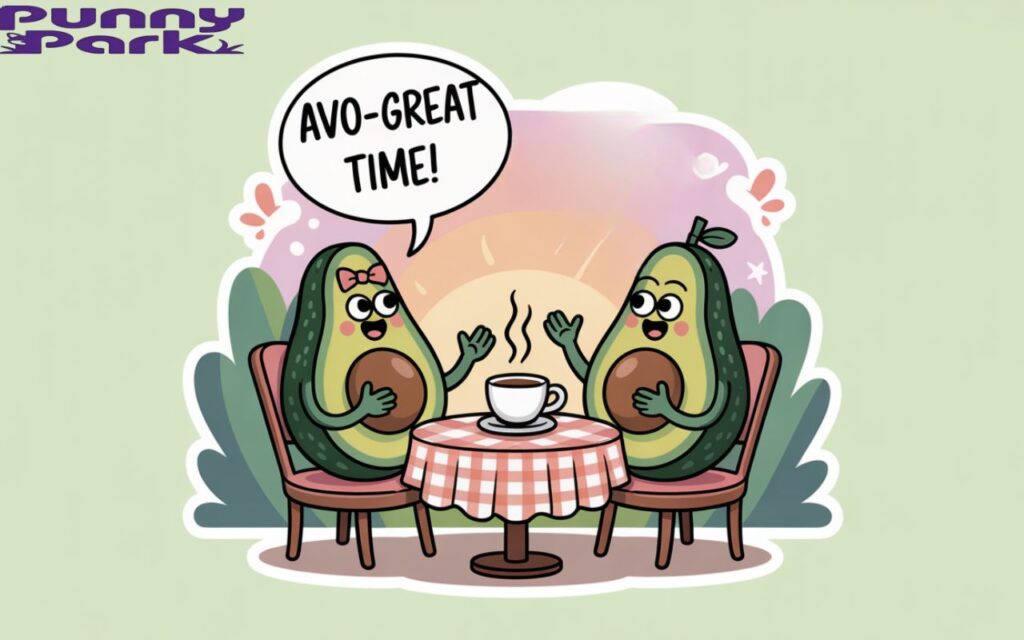 Two avocados engaged in a conversation at a table. One avocado, wearing a tiny bow tie, gestures emphatically while the other listens attentively, with a speech bubble above containing playful avocado puns like "Avo-great time!".