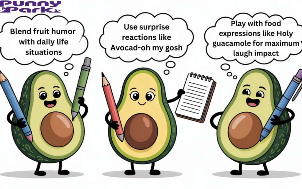 Three avocados holding pens, notepads, and thought bubbles filled with ideas.