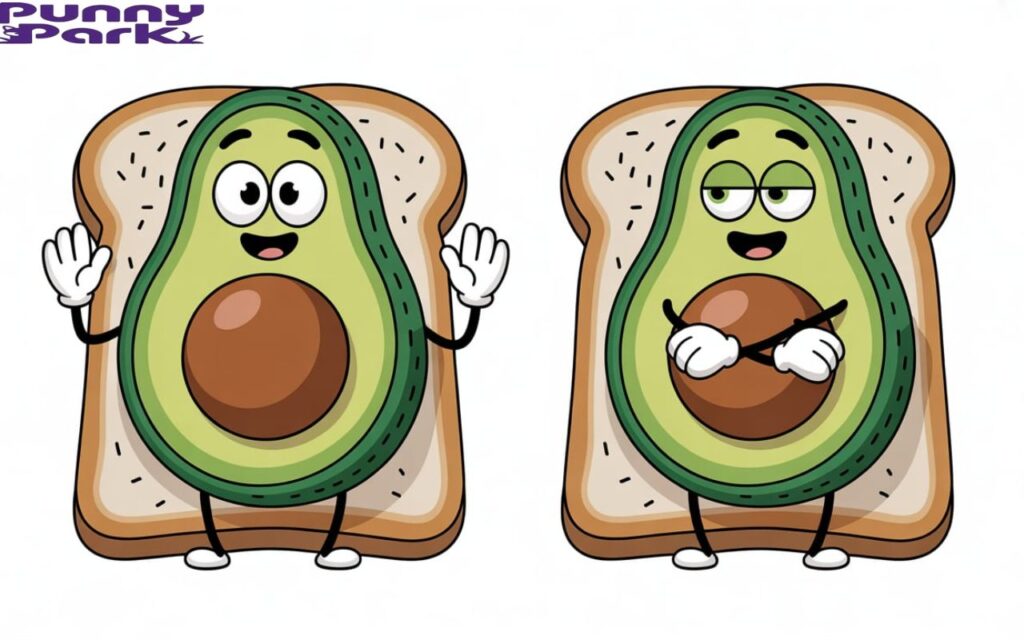 Two avocados side by side, one glowing happily on toast while the other looks sleepy with crossed arms.
