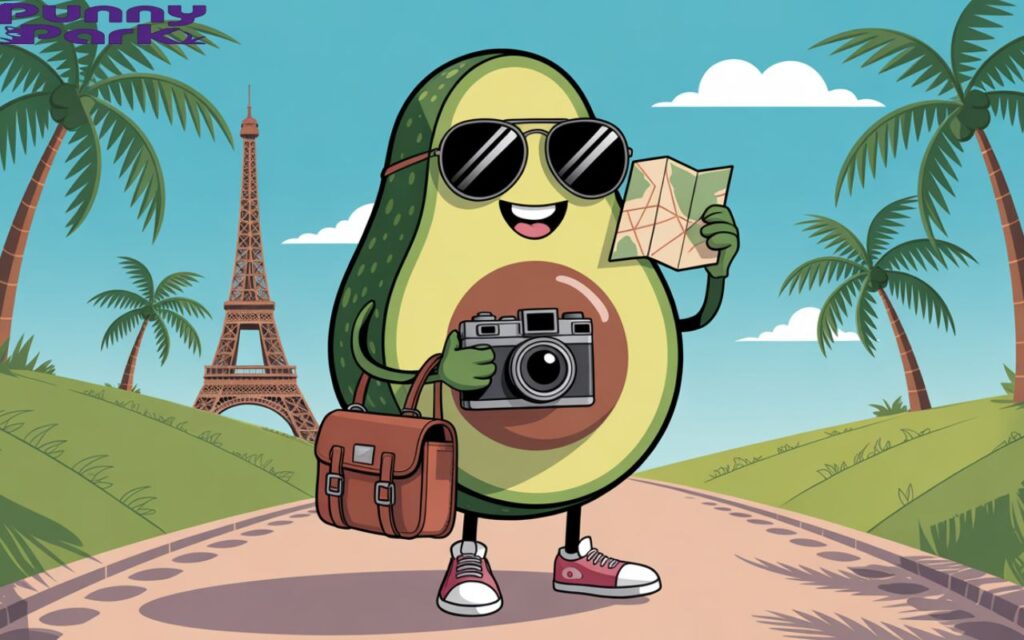 An avocado wearing sunglasses and holding a vintage camera. The avocado stands confidently with a detailed map tucked against a backdrop featuring the Eiffel Tower and swaying palm trees.