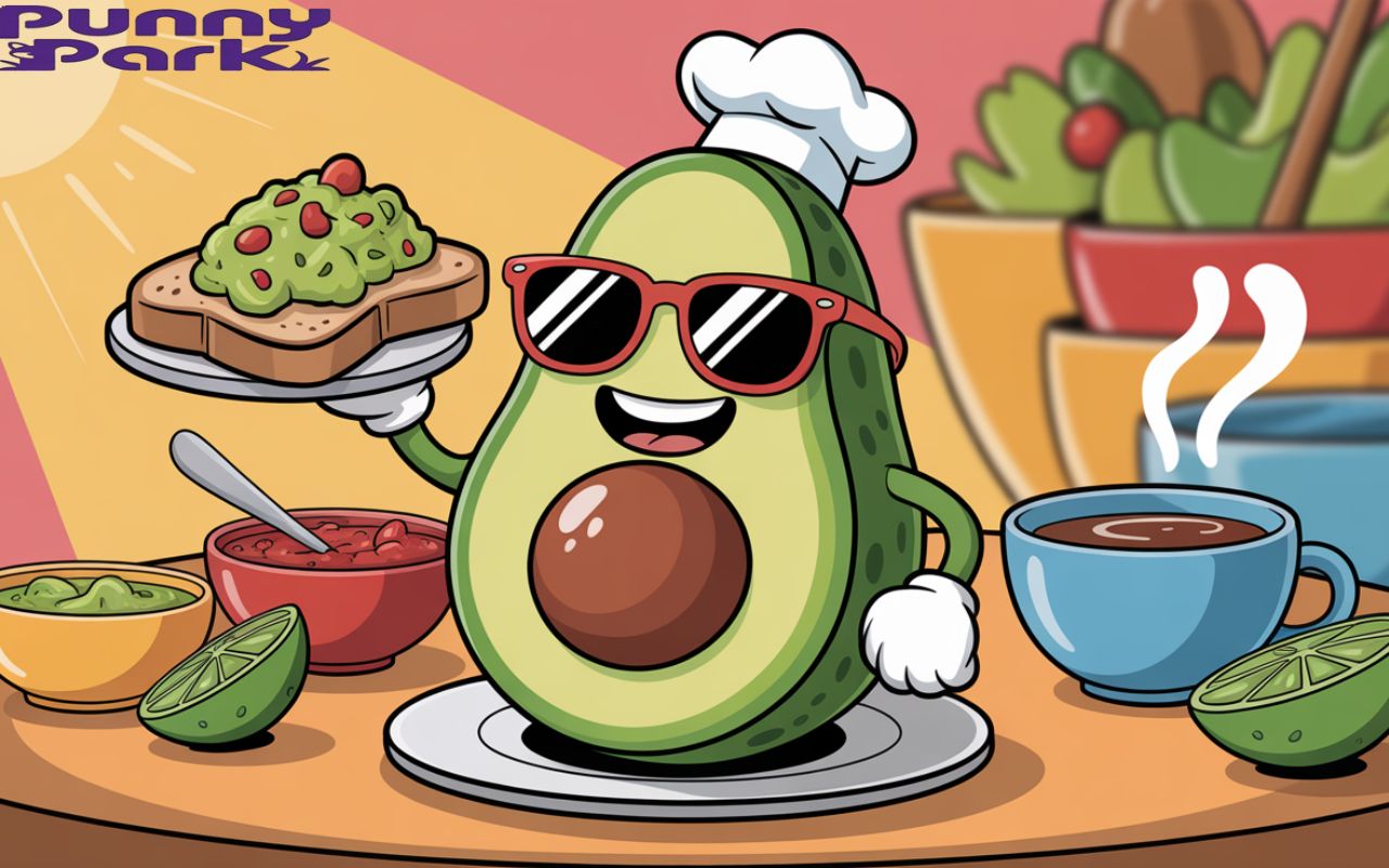 An avocado character wearing cool sunglasses and proudly holding a slice of toast topped with guacamole. Behind the avocado, a table is set with salsa bowls, zesty lime slices, and steaming coffee mugs.