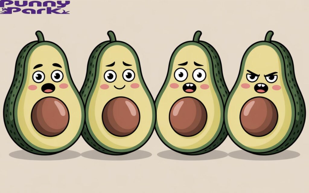 Emotional cartoon avocados with expressive faces like happy, sad, blushing, angry, all gathered side by side to show different feelings.