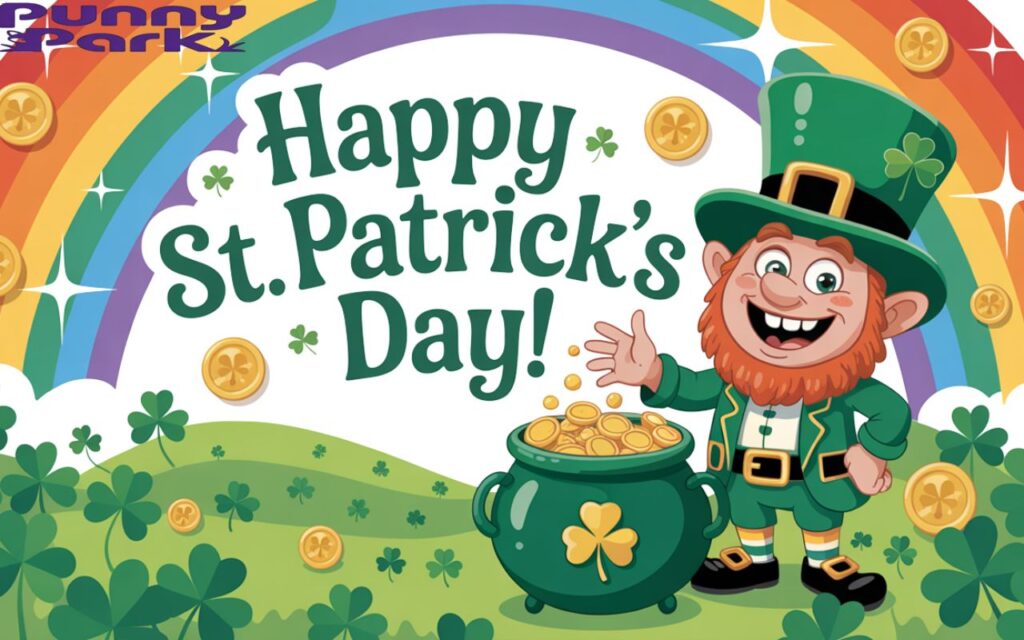 A leprechaun with a mischievous grin, standing next to a bubbling pot filled with gold coins, with the text "HAPPY ST. PATRICK'S DAY." The background is a field of clovers and rolling hills under a rainbow arch, with sparkling gold coins and swirling shamrocks adding a touch of magic and festivity.