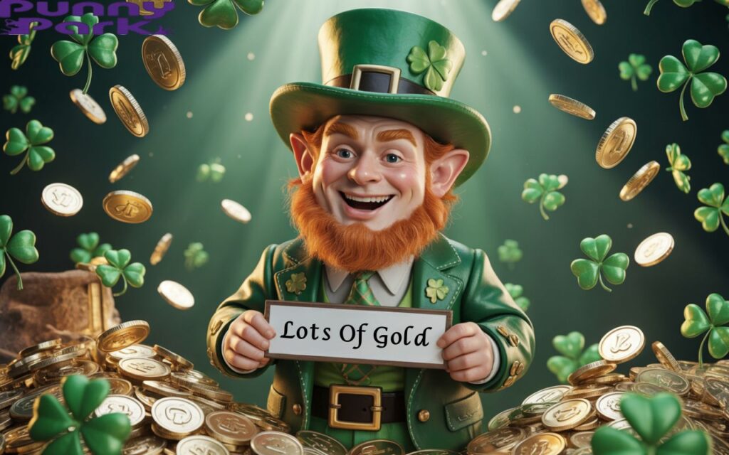 The leprechaun with a green suit, a hat adorned with a shamrock, and a playful grin. Surrounding him with gold coins and green shamrocks while he holds a sign reading “Lots Of Gold”.