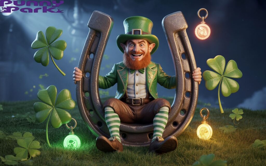 A leprechaun sitting on a giant horseshoe with four eaf clovers and glowing charms floating around, grinning mischievously.